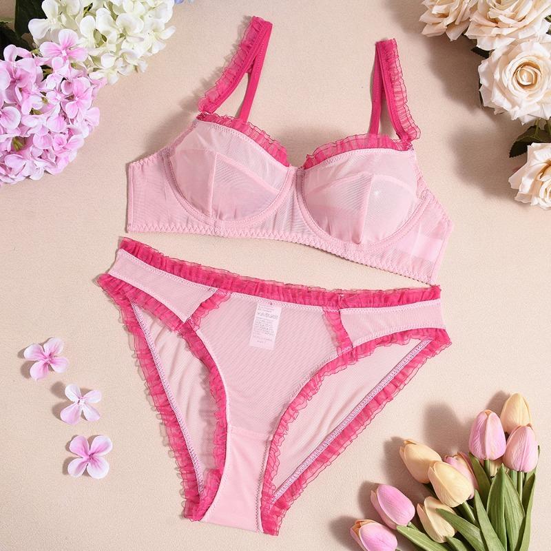 

Сексуальный комплект из трех предметов: нижнее белье, кружевной край с оборками, контрастная цветная вставка из сетки XL розовый