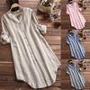 Vintage Women Fashion Long Sleeve Stripe Blouse O-neck Casual Loose Long Irregular Tunic Tops