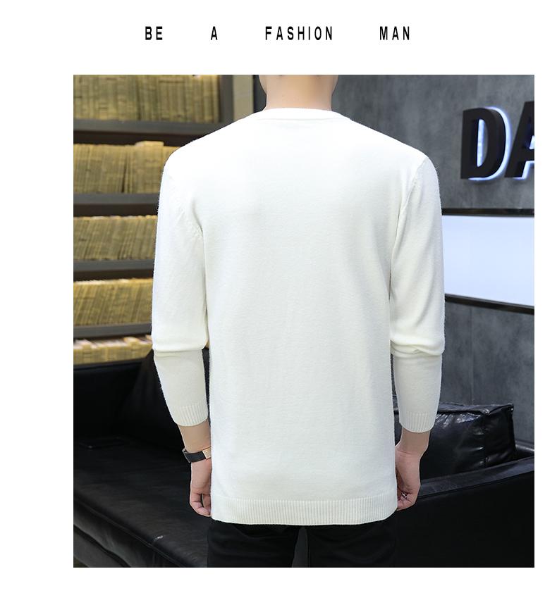 Men's White Round Neck Long Sleeve Knit Sweater for Spring, Autumn, and Winter