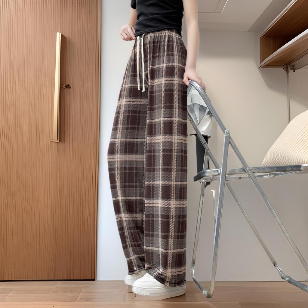 Women's 2025 Spring Retro Brown Plaid Wide-Leg Ice Silk Pants