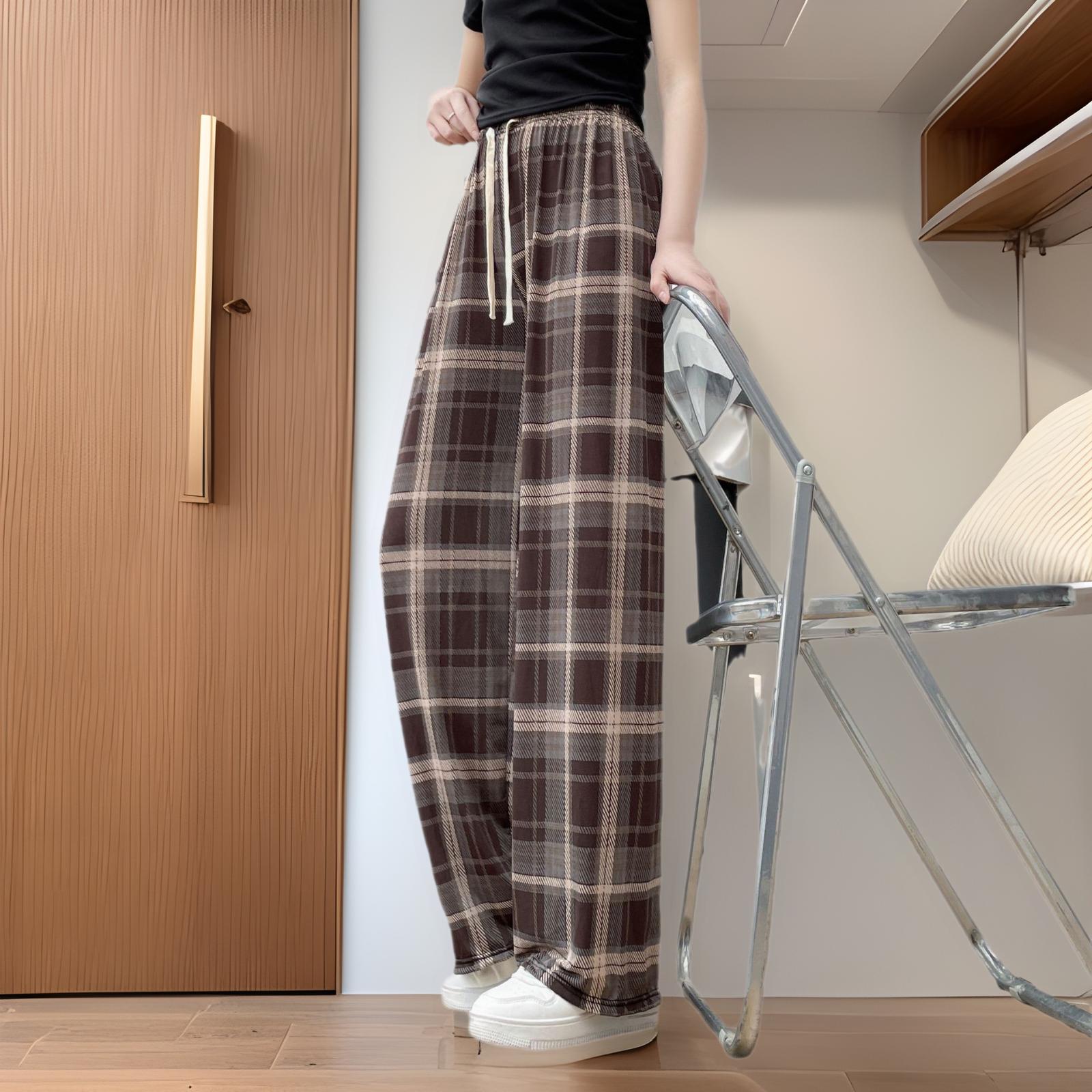 

Women s 2025 Spring Retro Brown Plaid Wide-Leg Ice Silk Pants One Size [80-145 pounds] No Pockets