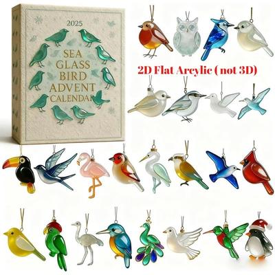 2D Flacher Acryl Seeglas Vogel Adventskalender 2025, 24 Tage Küstenweihnachts-Countdown mit handgefertigten Seeglas-Ornamenten, für Strand-Natur-Liebhaber