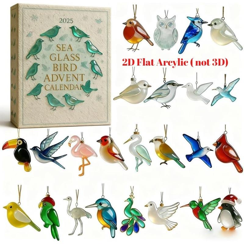2D Flat Arcylic Sea Glass Bird Advent Calendar 2025, 24 Day Coastal Christmas Countdown with Handcrafted Sea Glass Ornaments, for Beach Nature Lovers