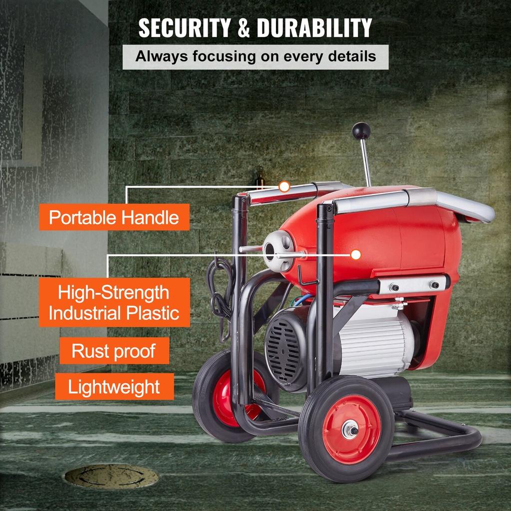 Drain Cleaner Machine 120FT x 6/5" 1100W Sectional Snake Auger Manual Feed