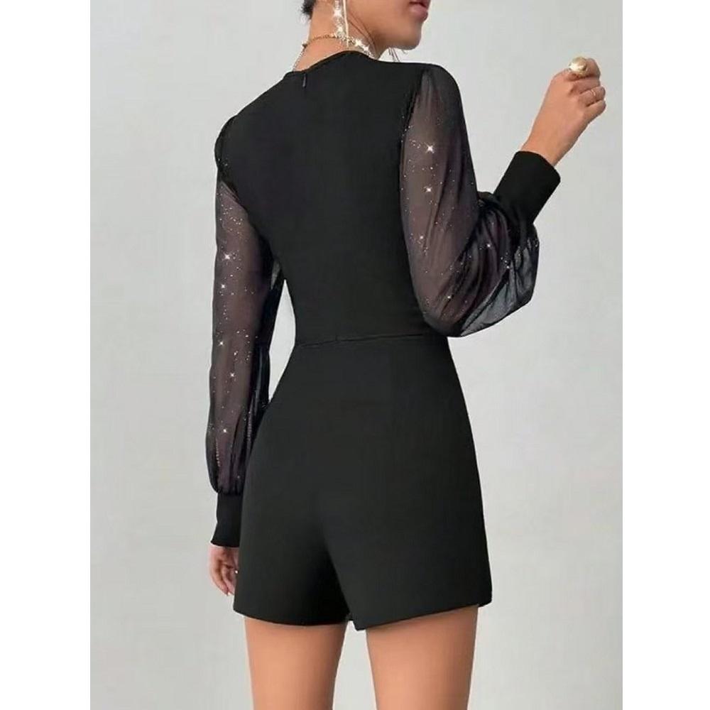 Damen Sommer Frühling Kurze Jumpsuits und Strampler Netz Langarm V-Ausschnitt Bodysuits Damen Elegant Playsuits