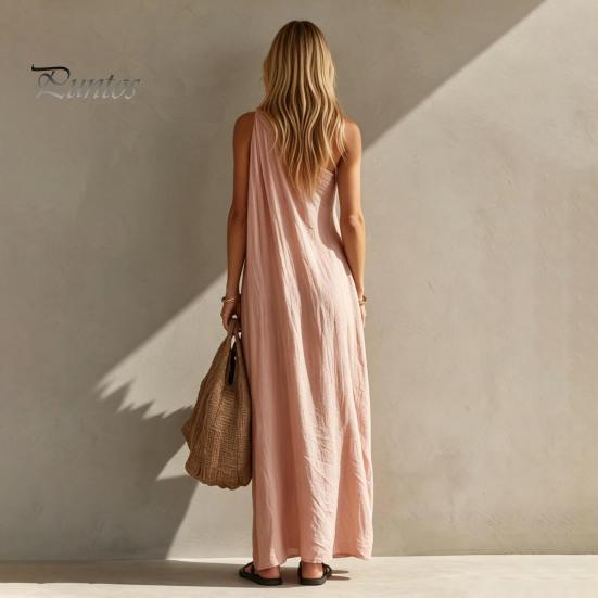 Women Casual Dress Women's Summer One Shoulder Beach Sundress, Pleated A-line Polyester Flowy Long Dress, Loose Travel Vacation Versatile