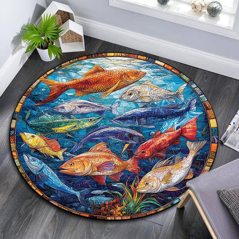 Ocean Fishes Round Area Rug,Carpet Rug for Living Room Bedroom Sofa Playroom Decor,Non-slip Floor Mat