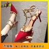 Three-ring Rivet High Heels Spring New Sexual Pointed Thin Heel Sandals Word Buckle Strap Single Shoes Women