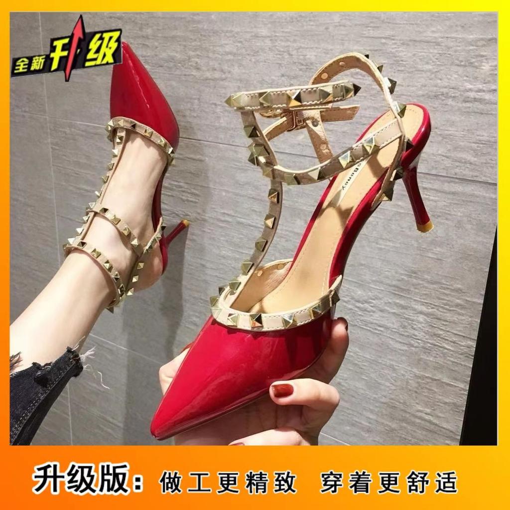 Three-ring Rivet High Heels Spring New Sexual Pointed Thin Heel Sandals Word Buckle Strap Single Shoes Women