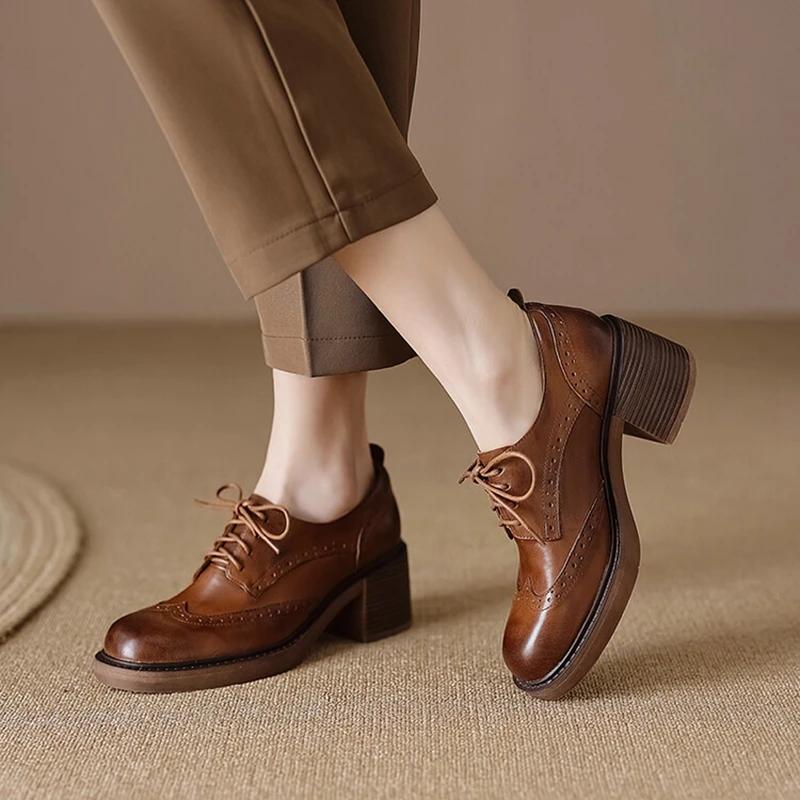 Fashion NEW Spring Women Loafers Genuine Leather Shoes Round Toe Square Heel Women Shoes Casual Lace-up Women Pumps Carving Oxford Shoes