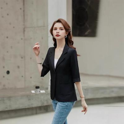 Women Suit Coat Lapel 3/4 Sleeve Button Placket Summer Suit Jacket Solid Color Thin Breathable Casual Coat