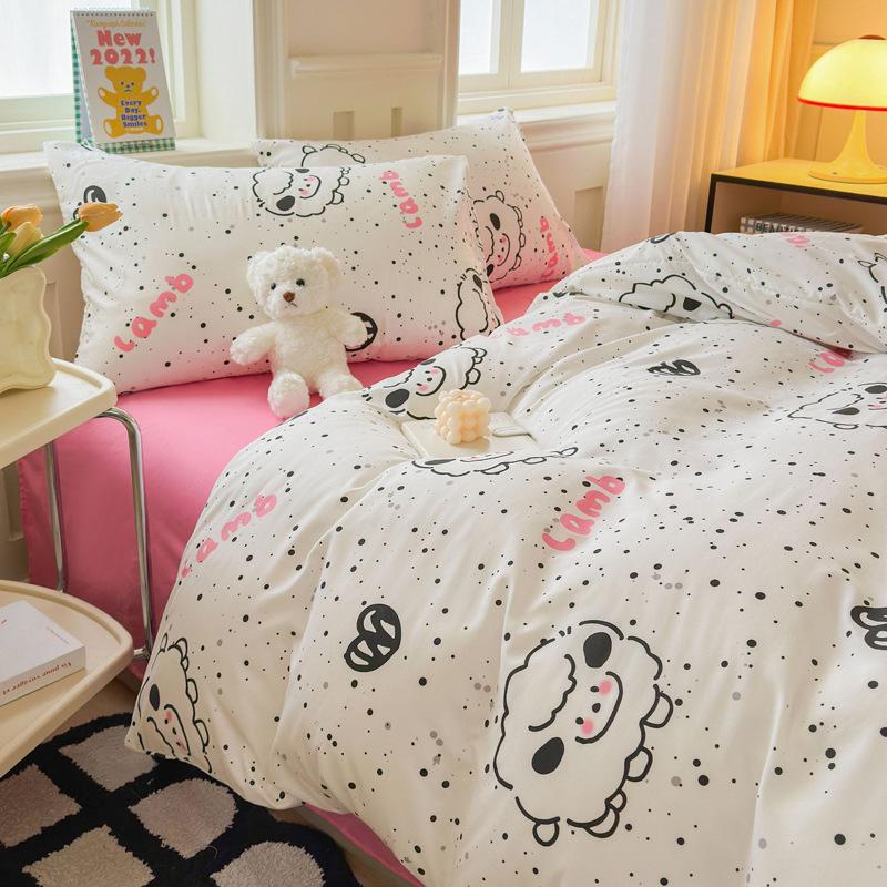 Small Clear Four-piece Set of Washed Cotton Sheets, Quilt Cover Three-piece Set of Bedding