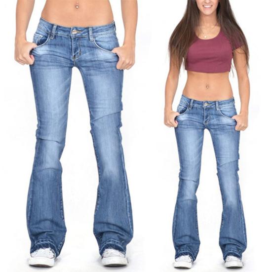 Jeans De Mujer Bolsillos De Cintura Media Cierre De Botón Con Cremallera Elástico Color Degradado Dobladillo Acampanado Retro Slim Fit Colorfast Pantalones Largos De Mujer De Cuerpo Entero