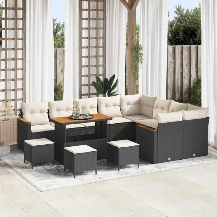 VidaXL Ensemble de Canapé de Jardin de 13 pièces avec Coussins Noir Poly Rattan Acacia 3365040