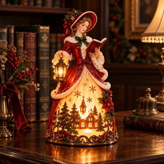 Birthday Present for Friends Christmas Carol Girl Desk Lamp, Resin Victorian Statue Night Light, European Style LED Hand Painted Figurine Gift