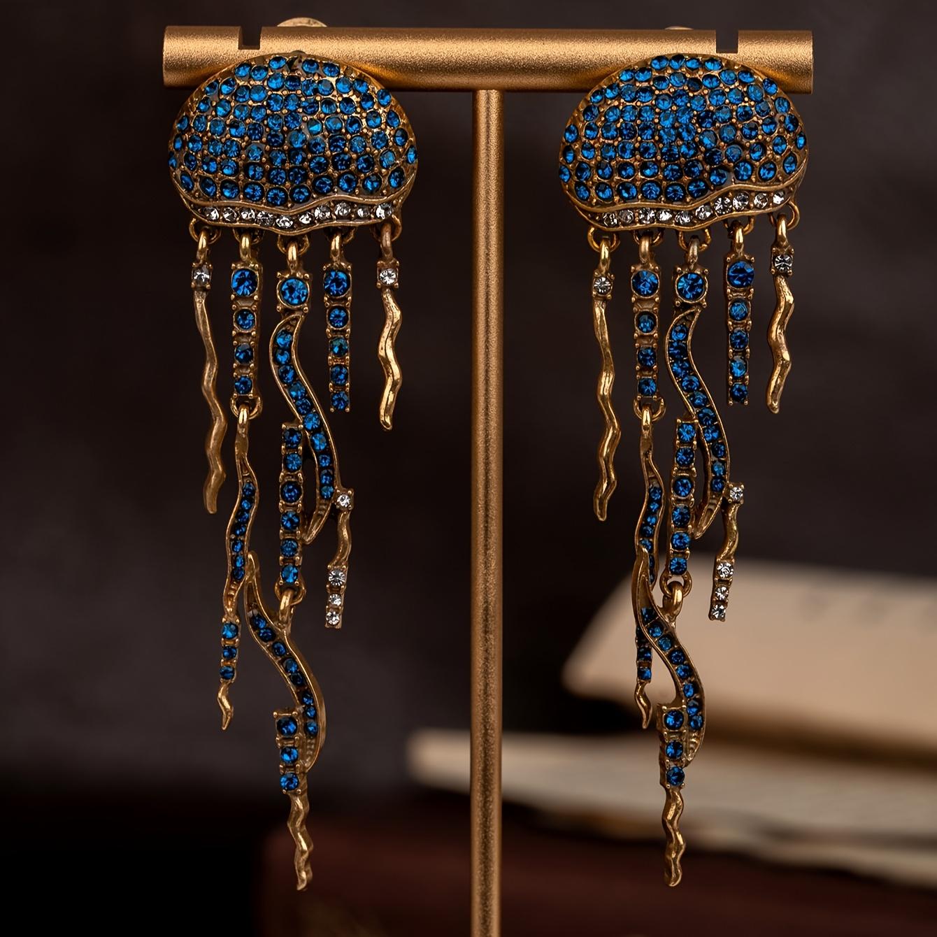 

Pair of Vintage-Inspired Jellyfish-Shaped Earrings with Rhinestones, Golden-Tone Copper & 925 Silvery Posts - Ideal for Women S Daily Wear & Party Acc синий