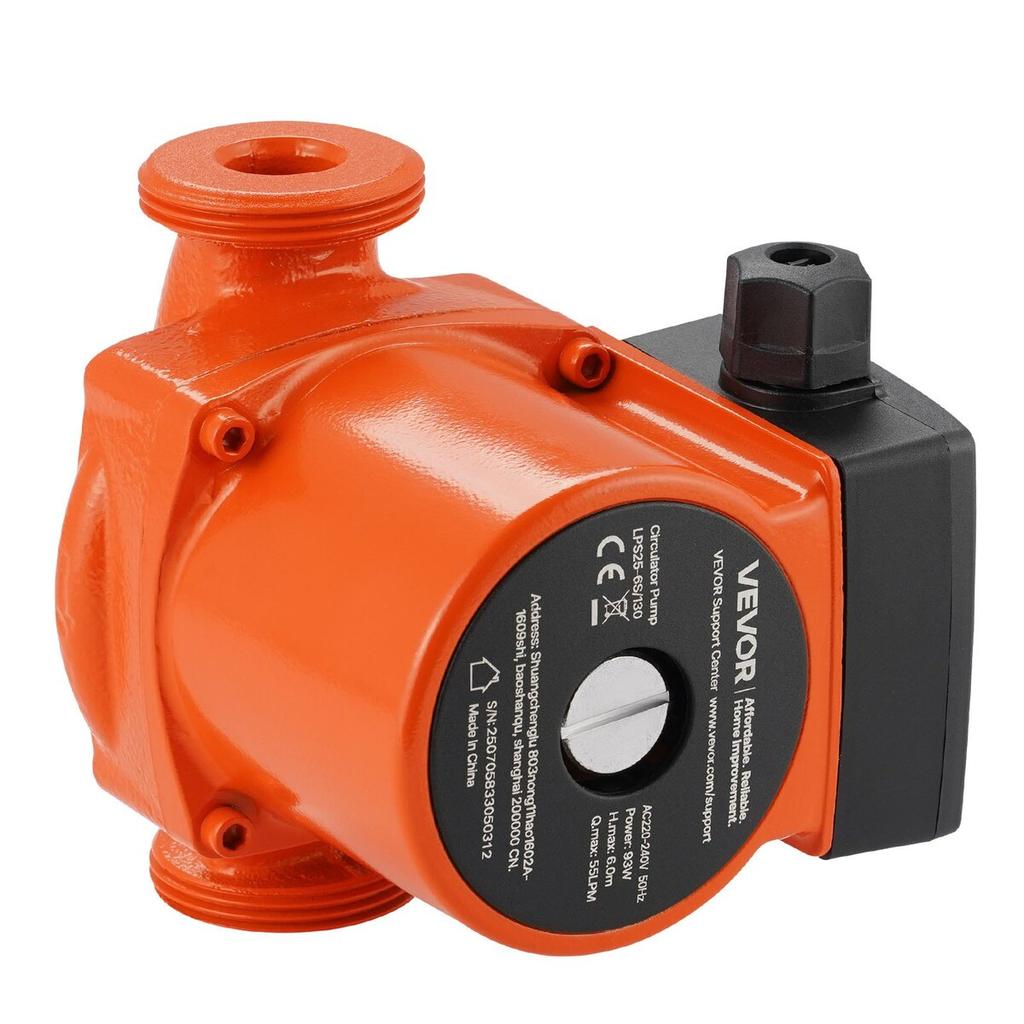 LPS25-6S/130 Cast Iron Circulator Pump, 1/8 HP, 220-240V 55 LPM Hot Water Recirculating Circulation Pump, Threaded Connection, 3-Speed Adjustment,