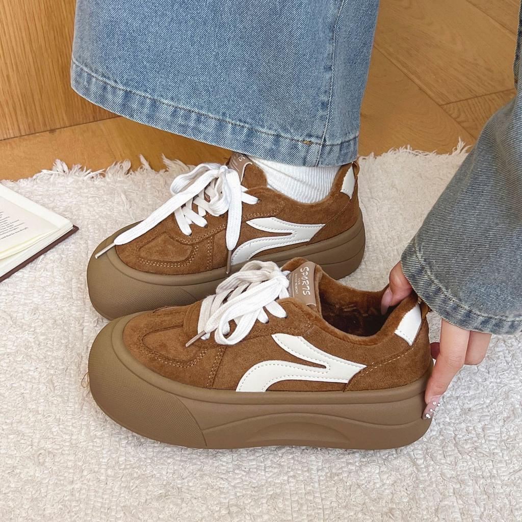 Chaussures de sport décontractées et légères pour femmes, style rétro, niche, velours chaud, deux cotons, semelle épaisse muffin