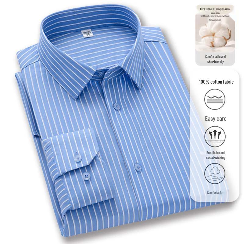 Men's Non-Iron Long Sleeve Cotton Shirt: Business Casual Solid & Stripe