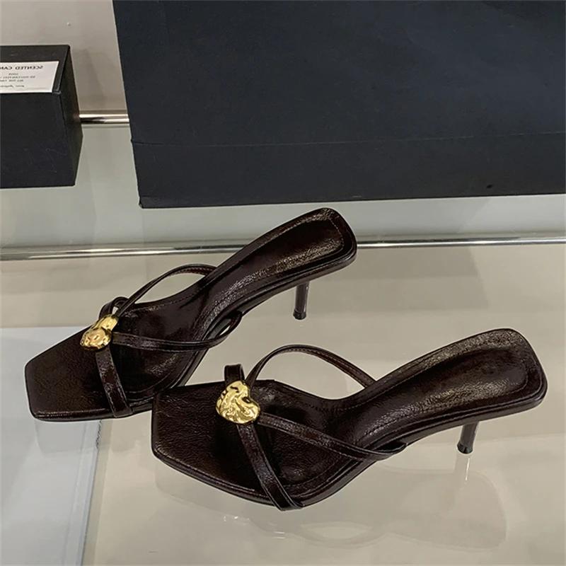 Eilyken Summer Square Toe Women Slippers Narrow Band Sandals Thin Low Heels Party Female Slide Shoes Zapatos De Mujer