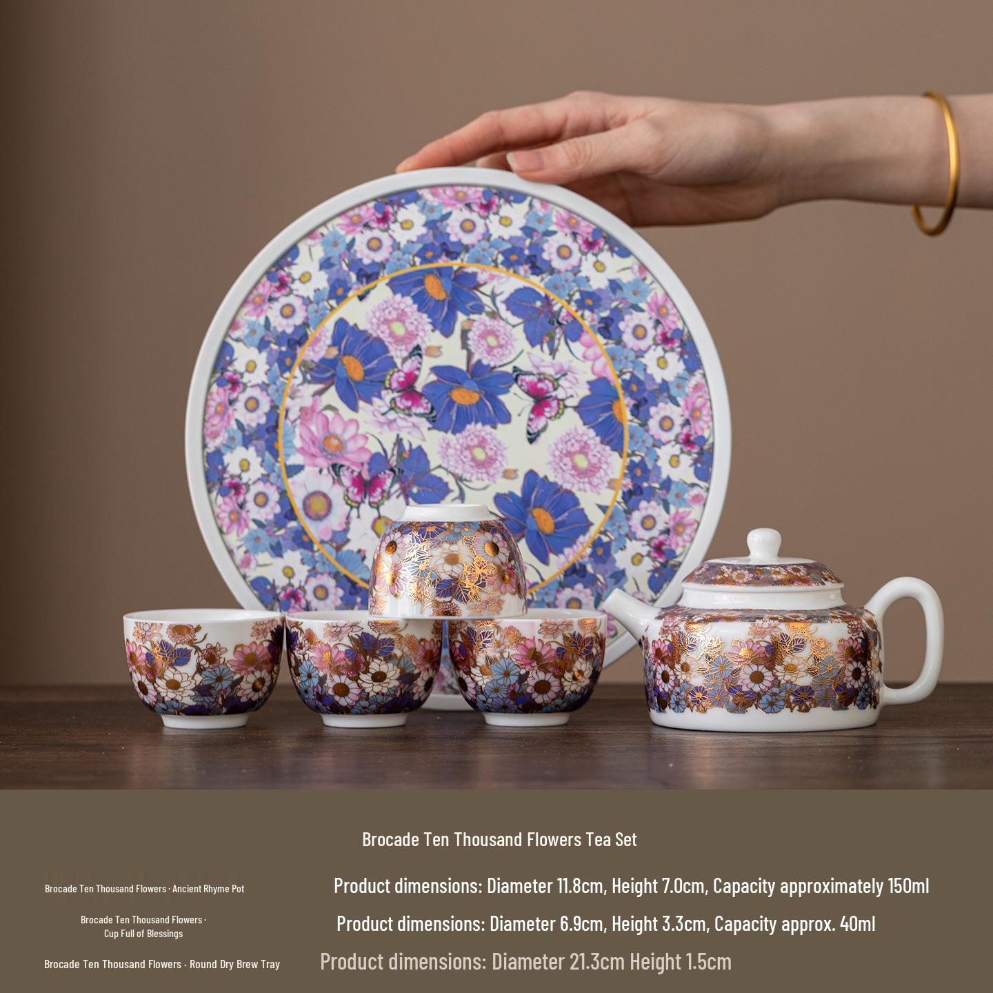 Butterfly & Flower Ceramic Tea Set with One Pot and Four Cups