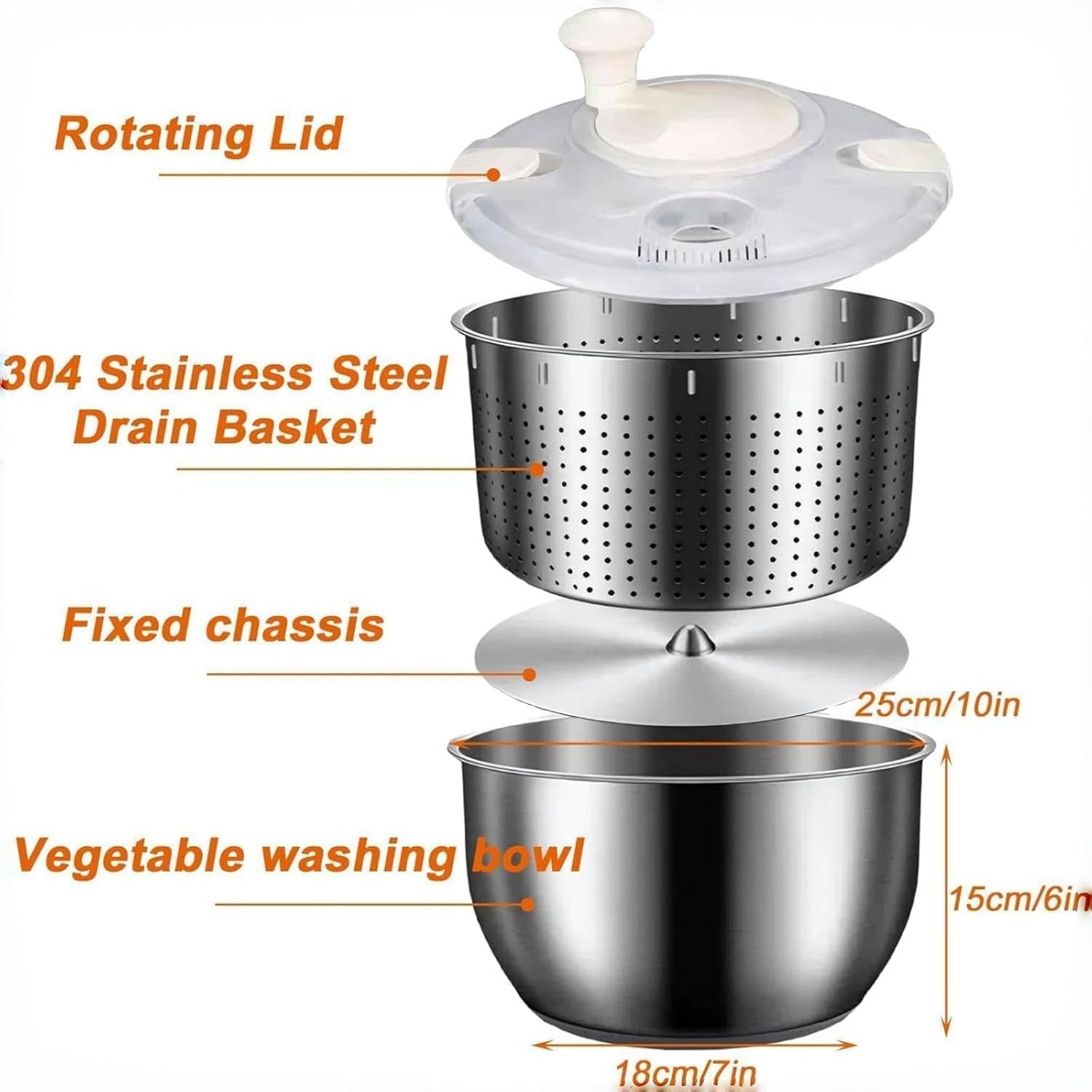 6L Stainless Steel Salad Spinner, Vegetable Spinner, Lettuce Spinner, Fruit Washer, Quick Spin Commercial Salad Spinner for Household Vegetables and