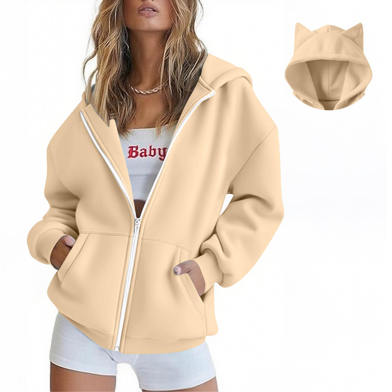 

Женская мода Повседневные толстовки с капюшоном и длинным рукавом однотонные топы M бежевый