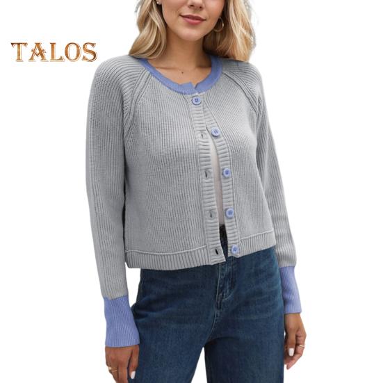 

Ребристый свитер, пальто, женский вязаный кардиган с цветными блоками, свитер на пуговицах с круглым вырезом и длинным рукавом, повседневные вязаные топы S серый