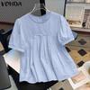VONDA Women Summer O-neck Short Sleeve Lace Hem Casual Ruffled Blouse