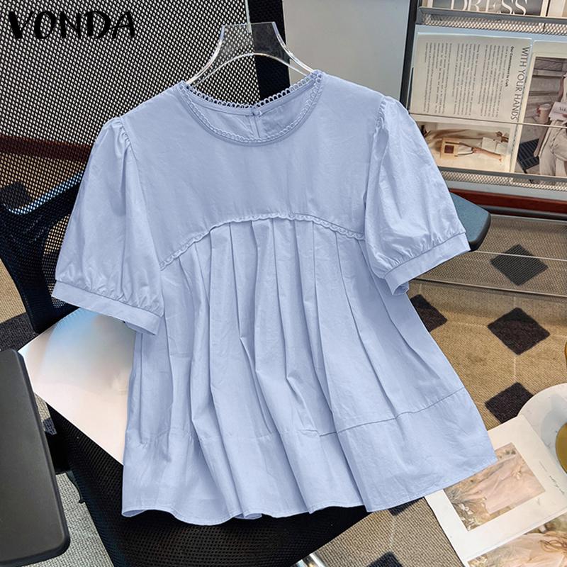VONDA Women Summer O-neck Short Sleeve Lace Hem Casual Ruffled Blouse