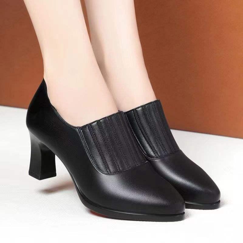 Women's Soft Leather Chunky Heel Slip-On Shoes - Pointed Toe, Elastic Design, Comfortable Work Heels