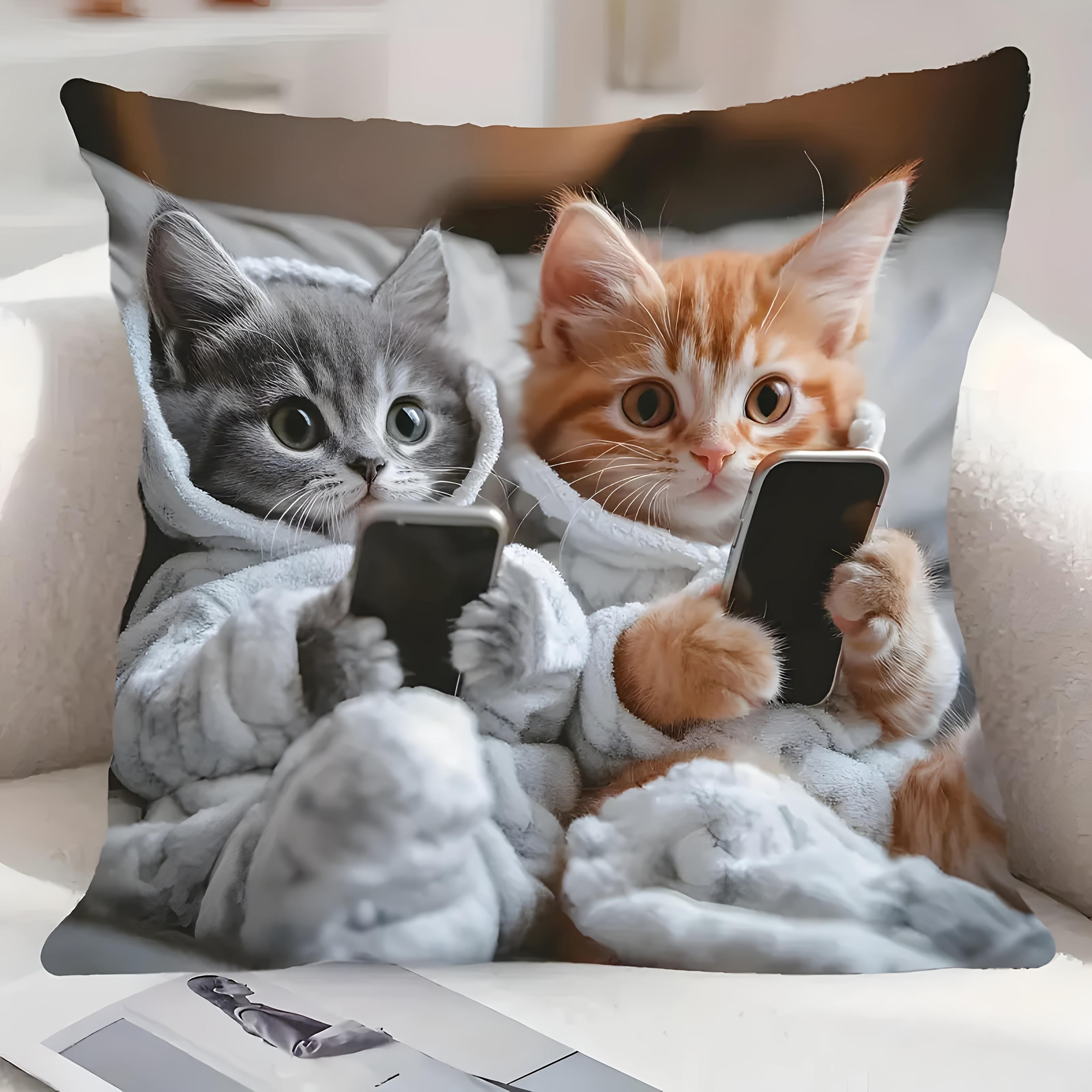 Pandara Jewelry Unisex 1Pc Pajama Cats Playing Phone Throw Pillow Cover,Suitable For Sofa,Bedroom,Livingroom,Gamingroom,Cute Healing Gift For Cat Lover