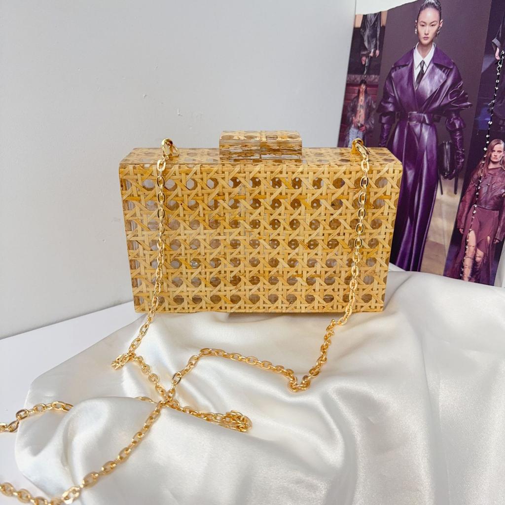 Vintage Dinner Clutch Bag Rattan Acrylic Bag Shoulder Bag Chain Messenger Women'S Bag