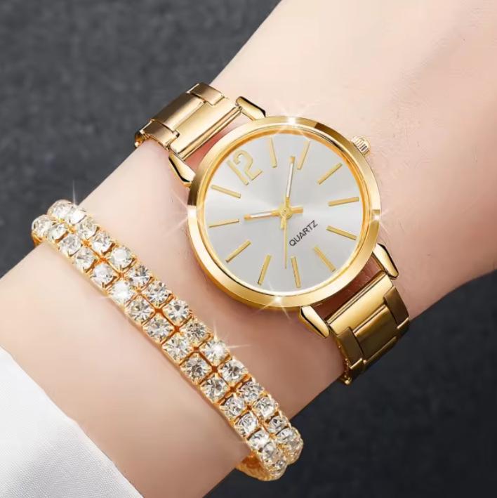 Fashion Roman Numeral Women's Watch & Bracelet Set with Diamond Inlay