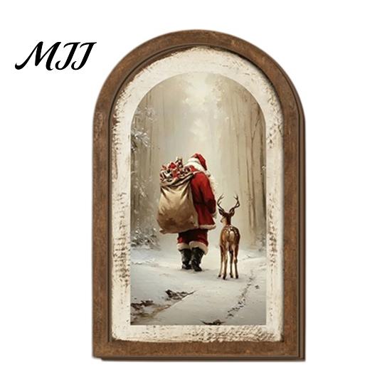 Farmhouse Christmas Tree Decorations Vintage Arched Wooden Wall Art, Double Layer Wood Framed Sign, Bedroom Winter Ornaments Xmas Print Hanging Decor
