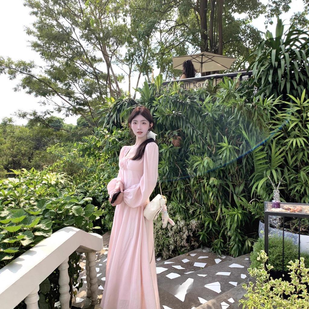 Early Autumn French Pink Long-sleeve Dress for Women, a New 2026 Waist-cinching Slimming Elegant Long Skirt for Early Autumn