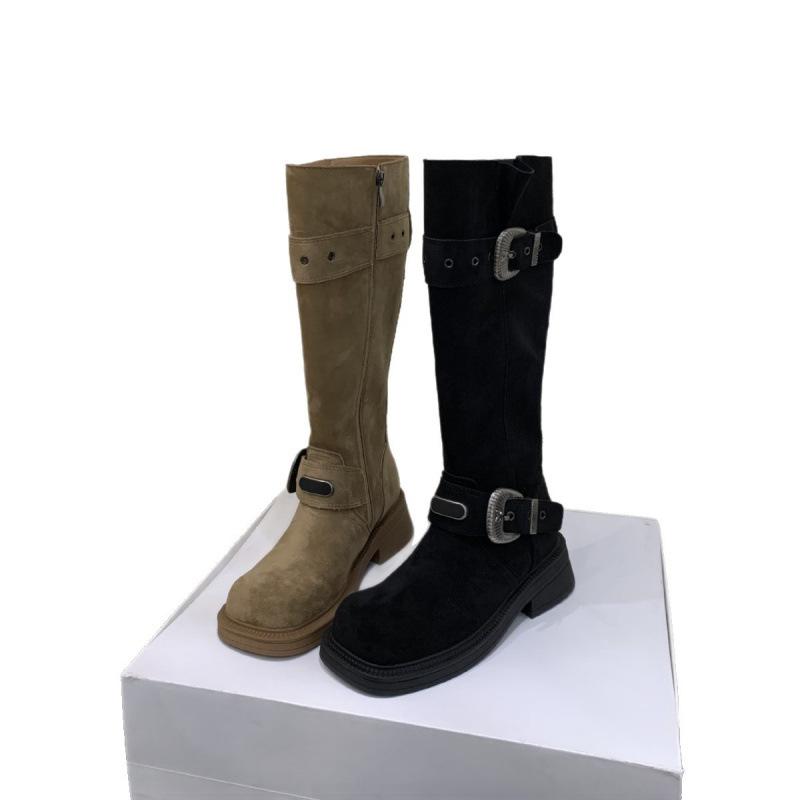 2025 autumn and winter new thick heel retro western boots belt buckle british high locomotive high boots