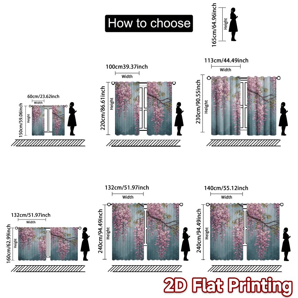 2D FLAT PRINTING 2pcs Curtains (Without Rod) Pink Wisteria Blooms Print Chic Curtains Versatile 100% Polyester Curtains Present
