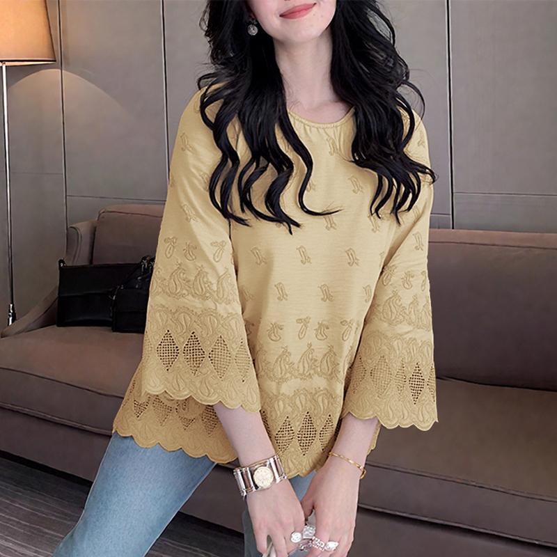 ZANZEA Women Round Neck 3/4 Sleeve Loose Casual Embroidery Patchwork Blouse