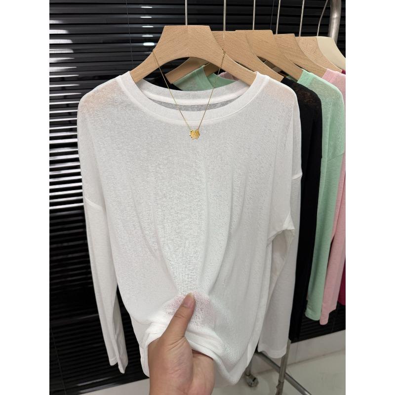 New Ice Silk Cool Tulle Long-sleeved Sunscreen Blouse Women's Fashion Versatile Breathable Solid Color T-shirt Top Summer