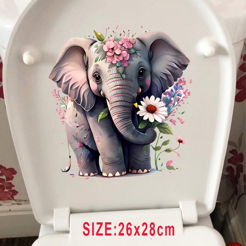Beautiful Colored Baby Elephant Toilet Seat Stickers Self-adhesive Animal Stickers Toilet Bathroom Decoration Water-proof Decal