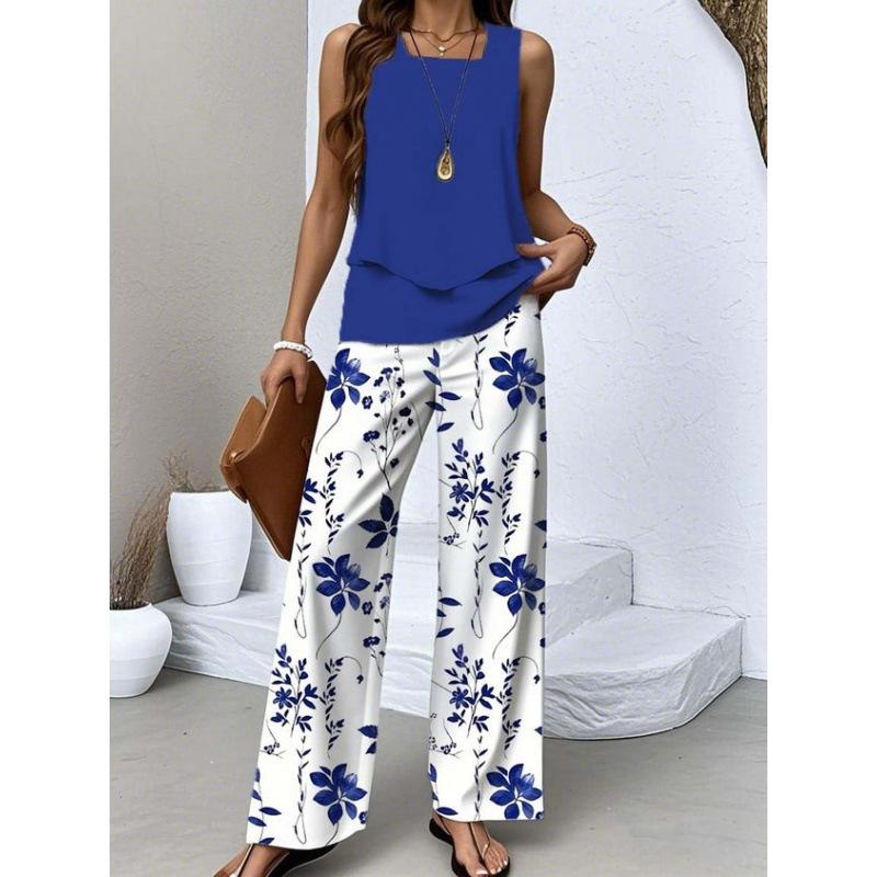 Women's Loose Fit Two Piece Outfit Sleeveless Tank Top High Waist Wide Leg Pants Set With 3D Abstract Print For Casual Summer Daily Wear