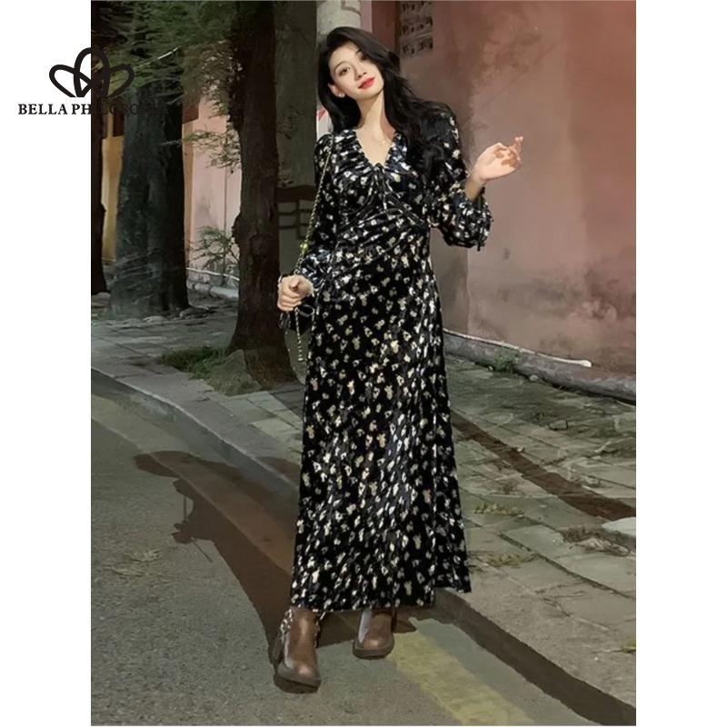 Französischer Stil, Vintage-Stil, sanfter Druck, langes Kleid mit Schnürung, lange Ärmel, Samtkleid, Blumenmuster, V-Ausschnitt, schickes, schmal geschnittenes Kleid