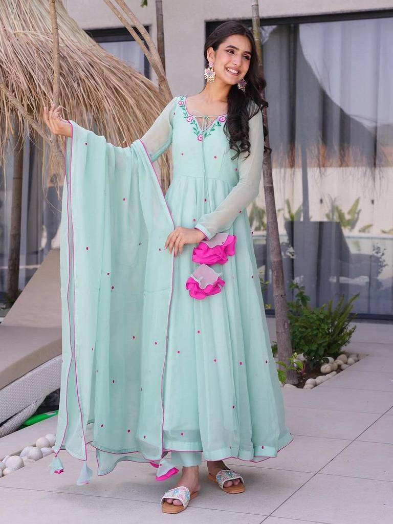 Women Anarkali Kurta Set with Dupatta – Embroidered Flared Ethnic Party Wear
