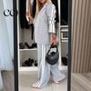 Women Commuter Suit 2 Pcs/Set Lady Formal Coat Pants Set Turn-down Collar Single-breasted Long Sleeves Autumn Outfit Jacket Loose Striped Wide