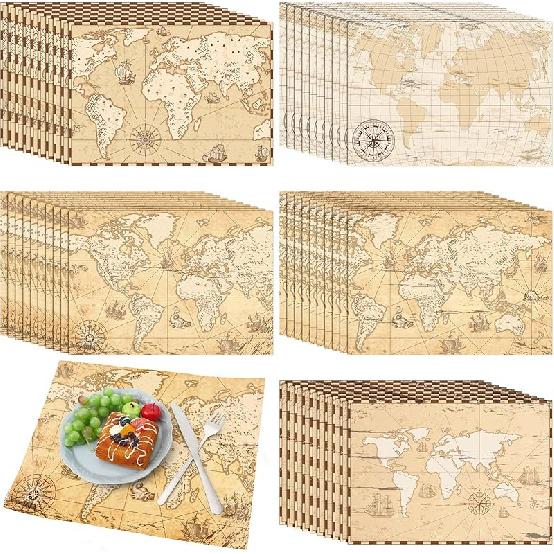 Eaasty 50 Disposable World Map Paper Placemats Vintage World Map for Old Paper Retro Style Decorative Travel Adventure Table Mat for Geography