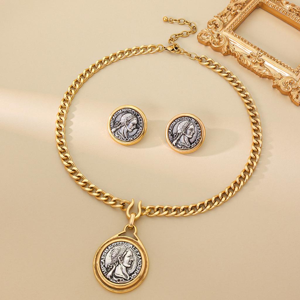 Medieval Vintage Set Greek Athena Relief Ancient Coin Design Retro Necklace Stud Earrings
