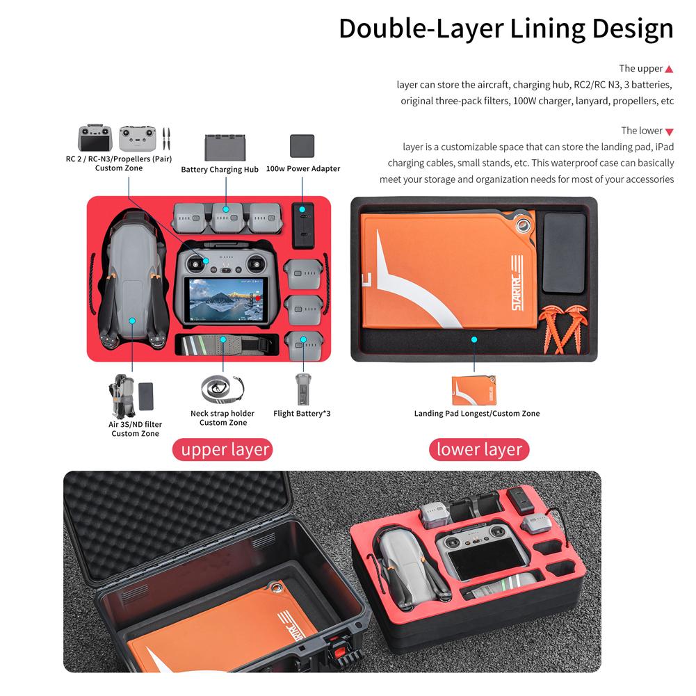 Double Layer Hard Case Waterproof Explosin-proof Hard Shell Carrying Case Bag for DJI Air 3S/Air 3 Drone RC2/RC N3 & Accessories