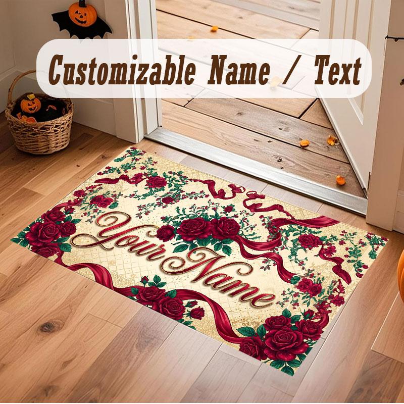 Floral Garden Theme Crystal Velvet Floor Rug Personalized Custom Name Text Warm Carpet Home Decoration