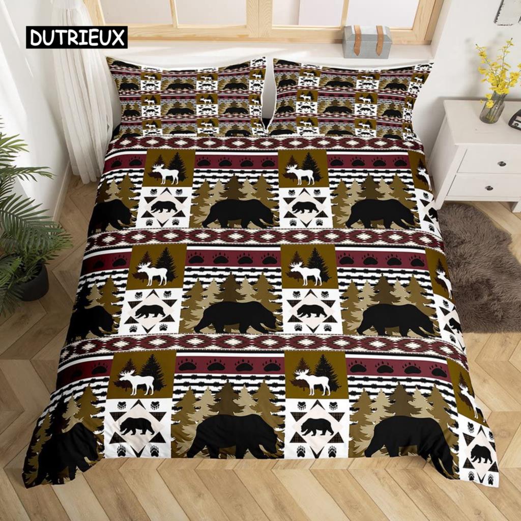 Camo Deer Duvet Cover Set Antlers Arrow Pattern Bedding Set Stripes Gird Camouflage Comforter Cover Microfiber King Quilt Cover